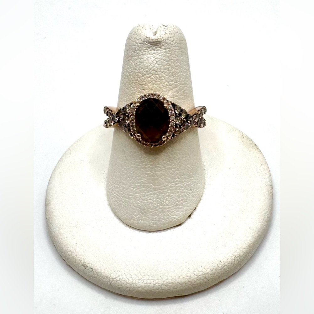 Levian 14k Rose Gold Oval Smoky Quartz Diamond Halo Ring